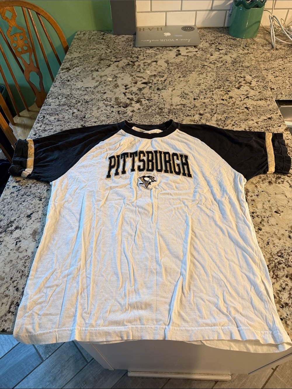 NHL Pittsburgh Raglan Short Sleeve Tee White and Black with Gold Accents